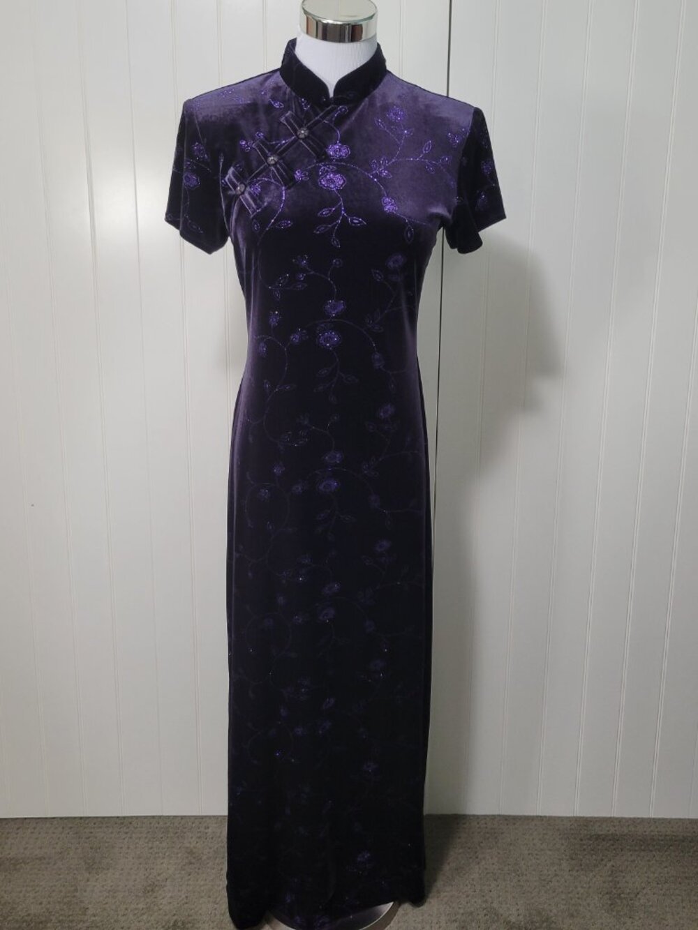 Vtg 90s Whimsigoth Grunge Vamp Purple Velvet Glitter Asian Cheongsam Maxi Dress